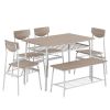 6-Piece Modern Dining Set for Home, Kitchen, Dining Room with Storage Racks, Rectangular Table, Bench, 4 Chairs, Steel Frame - White Oak Color