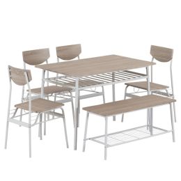 6-Piece Modern Dining Set for Home, Kitchen, Dining Room with Storage Racks, Rectangular Table, Bench, 4 Chairs, Steel Frame - White Oak Color