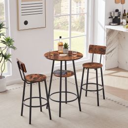 Round bar stool set with shelves, stool with backrest Rustic Brown,23.62''w x 23.62''d x 35.43''h