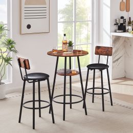 Round bar stool set with shelf, upholstered stool with backrest Rustic Brown,23.62''w x 23.62''d x 35.43''h