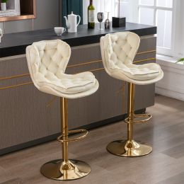 Set of 2 Bar Stools; with Chrome Footrest and Base Swivel Height Adjustable Mechanical Lifting Velvet + Golden Leg Simple Bar Stool-cream