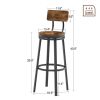 Swivel bar stool set of 2 with backrest; industrial style; metal frame; 29.5'' high.(Rustic Brown; 13.4''w x 40.5''h)