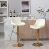 Chrome Footrest and Base Swivel Height Adjustable Mechanical Lifting Velvet + Golden Leg Simple Bar Stool; Set of 2; Ivory