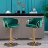 Set of 2 Bar Stools; with Chrome Footrest and Base Swivel Height Adjustable Mechanical Lifting Velvet + Golden Leg Simple Bar Stool-Green