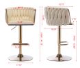 Set of 2 Bar Stools; with Chrome Footrest and Base Swivel Height Adjustable Mechanical Lifting Velvet + Golden Leg Simple Bar Stoo; Ivory