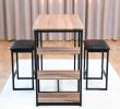 Modern 3-Piece Bar tabies and chairs Set with 2 Chairs for Dining Room; Black Frame+Brown oak board surface+Black cushion