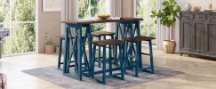 TOPMAX Rustic Counter Height 5-Piece Dining Set; Wood Console Table Set with 4 Stools for Small Places; Walnut+Blue