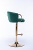 Set of 2 Bar Stools; with Chrome Footrest and Base Swivel Height Adjustable Mechanical Lifting Velvet + Golden Leg Simple Bar Stool-Green