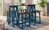 TOPMAX Rustic Counter Height 5-Piece Dining Set; Wood Console Table Set with 4 Stools for Small Places; Walnut+Blue