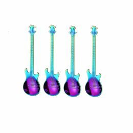 4Pcs Metal Guitar Spoon Flatware Set 18/10 Stainless Steel Guitar Spoons Creative Milk Coffee Spoon Ice Cream Candy Teaspoon (Color: Rainbow 4 Pcs)