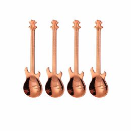 4Pcs Metal Guitar Spoon Flatware Set 18/10 Stainless Steel Guitar Spoons Creative Milk Coffee Spoon Ice Cream Candy Teaspoon (Color: Rose Golden 4 Pcs)